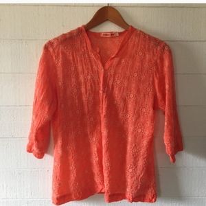 Johnny Was Coral Eyelet Button-Up Top MEDIUM